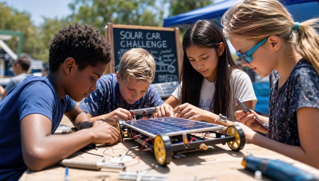 Students build a solar powered model car during an outdoor technology challenge.