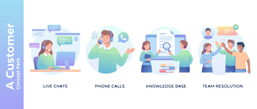 Set of four professional vector illustrations featuring a dedicated customer support team efficiently handling live chats, phone calls, and managing a comprehensive digital knowledge base system.