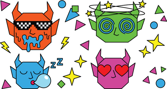 Vector geometric collection of retro horned devil mascot characters with funky expressions including melting pixel sunglasses dizzy spiral eyes sleeping and heart eyes emoticons