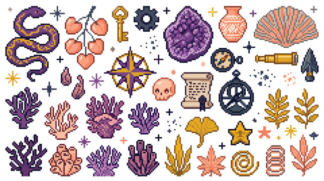 A vibrant pixel art collection of fantasy and adventure-themed elements, including mystical creatures, ancient artifacts, and natural wonders.