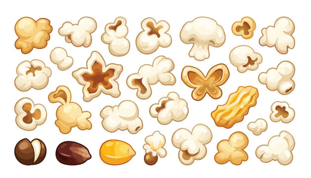 Popcorn kernels and puffed corn snacks varieties vector element set. Mushroom, butterfly shape, caramel, yellow seed, roasted grain and movie theater snack elements.