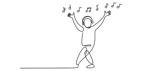 Continuous single line drawing of a happy person listening to music with headphones on