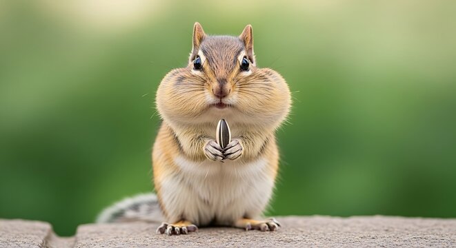 Hungry chipmunk with stuffed cheeks holding sunflower seed on stone ledge.