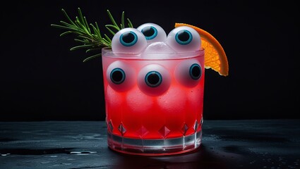 Obraz premium Red Halloween cocktail with fake eyeballs floating in it, set against a black background