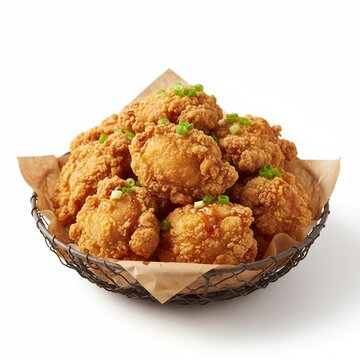 Crispy fried chicken pieces in a wire basket.