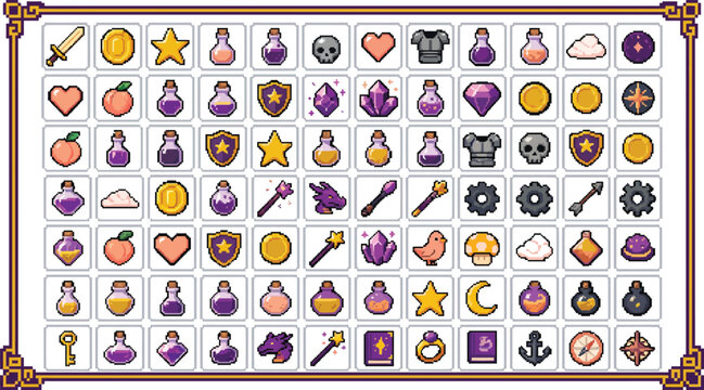 A comprehensive collection of pixel art icons for fantasy role-playing games, featuring weapons, armor, potions, gems, and various other game assets.