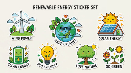 Naklejka premium Renewable energy sticker set featuring happy planet Earth, solar power system, windmill, green battery, eco light bulb and nature elements. Cartoon flat vector collection isolated