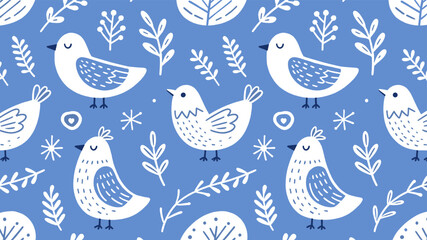 Obraz premium Seamless Folk Bird Pattern with Botanical Elements
