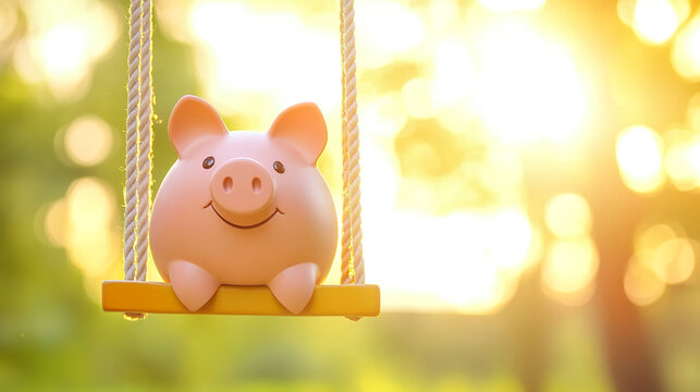Pink piggy bank sitting on wooden swing with ropes during bright sunset background. Concept of financial freedom investment growth stability wealth future savings success banking retirement budget