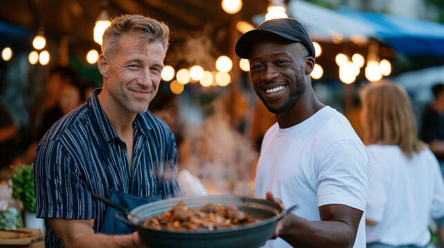 British tourist miming ordering vegetarian food to Thai street vendor who interprets request as specific regional dish, both laughing at resulting confusion, vendor lifting lid of wrong pot triumpha
