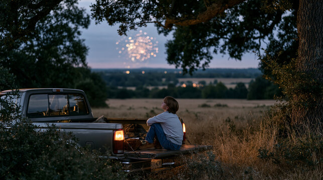 Child watching fireworks from the tailgate of a parked pickup truck in a rural field on the Fourth of July, knees pulled to chest with face tilted skyward and the dark outline of oak trees framing t