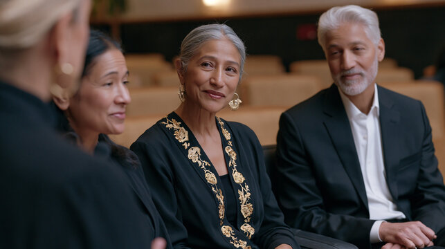Candid moment of a generation ship ethics panel at a bioethics symposium, two middle-aged female scholars in intense side conversation while moderator addresses audience, the weight of civilizationa