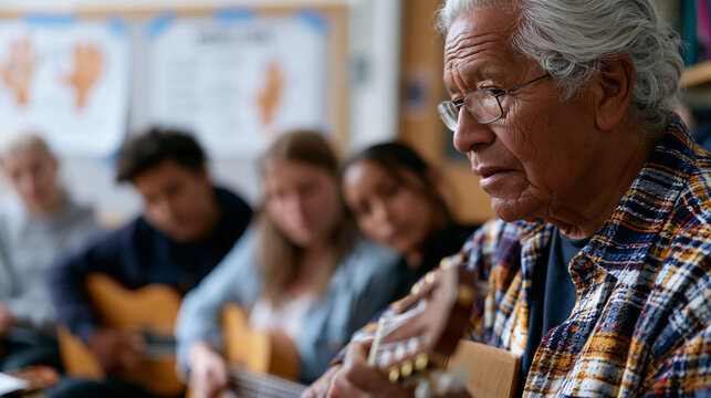 Elderly Bolivian charango player teaching workshop inside Brooklyn community center, students leaning forward with unfamiliar instruments, callus maps drawn on hand diagram taped to wall beside trad