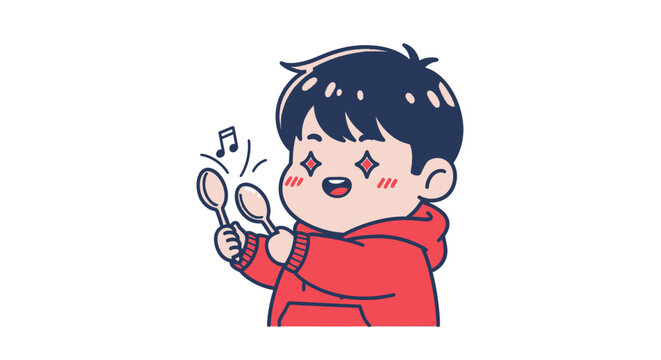 Happy cartoon boy holding scissors and singing joyfully.
