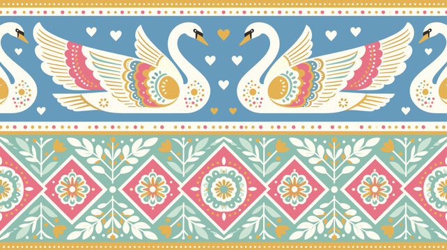 Nordic Swan Border Pattern with Floral Folk Ornament