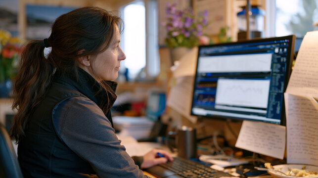 Over the shoulder view of an isolation psychology researcher reviewing months of longitudinal data from Antarctic winter-over crew members on a cluttered monitor, handwritten annotations covering pr