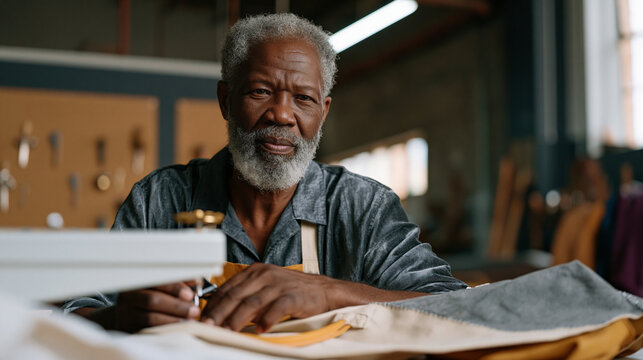 Senior craftsman in a leather goods workshop stitches a reinforced handle onto a canvas tote made entirely from factory offcuts, hands moving with practiced rhythm, small tools hanging on pegboards 
