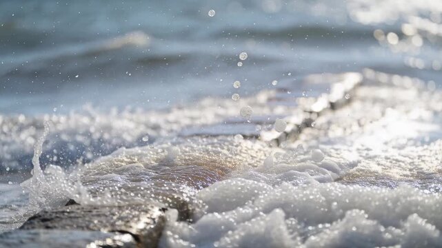 Advancing swell pushing wave into stone groyne at surf zone, producing crown-like splash and foam