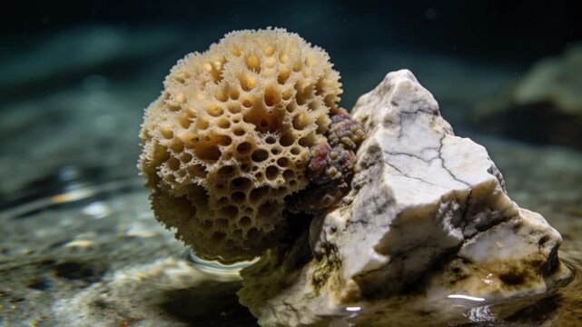 Anchoring sponge staying on pale cracked rock in shallow tank, ripple starting near barnacles