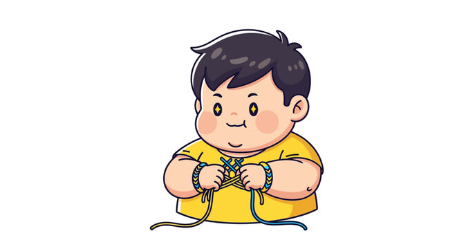 Cute cartoon boy playing video game controller happily.