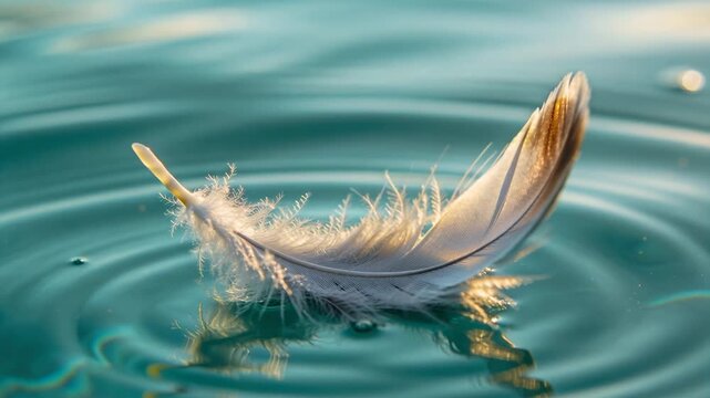 Drifting pale feather bobbing and rotating on turquoise water as gentle breeze makes ripples