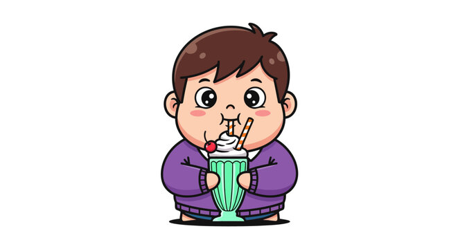 Cute cartoon boy happily drinking from green cup.