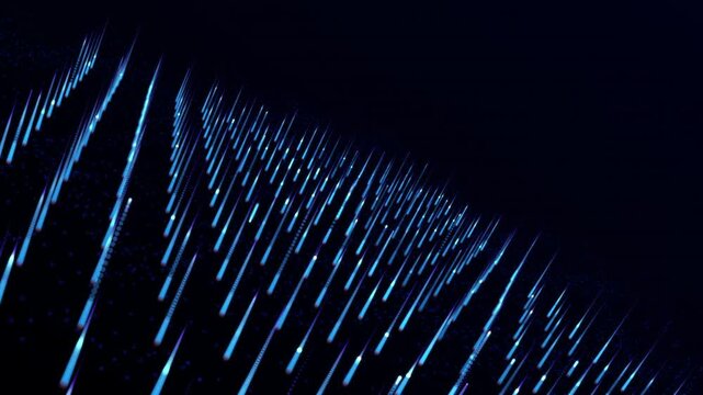 Bright blue data streaks rise diagonally across a black field, forming a dynamic technology background for information transfer, analytics, networks, and digital systems.