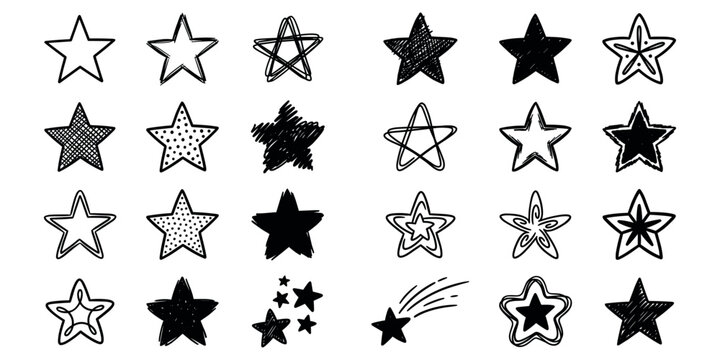 stars painted by hand doodle hand drawn icon set. Outline drawing stars painted by hand line clipart symbol collection 
