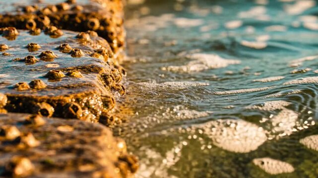 Lapping incoming tide-fed waves brushing barnacled pier edge, leaving foam, copy space