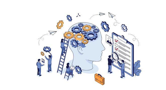 Psychological assessment and cognitive development are illustrated with people working on a large human head with gear icons.