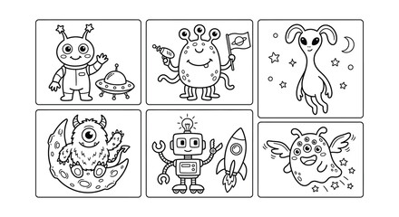 Space themed vector illustrations of aliens spacecraft and robots © Begum
