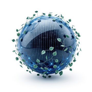 Blue sphere covered in binary code, vines, leaves. Represents digital world, nature connection, technology growth.