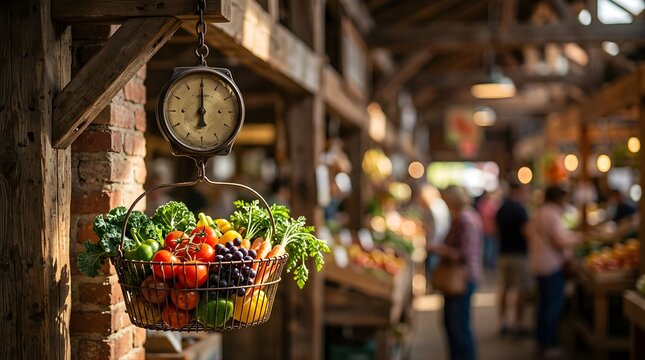Fresh vegetables and fruit in hanging basket scale at local market