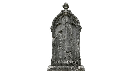 Obraz premium Cracked and weathered ancient stone grave marker with arched top isolated on transparent background png.