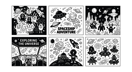 Space themed vector illustrations of aliens spacecraft and robots © Begum