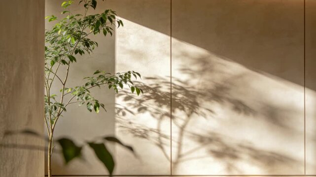 Shifting sunlight nudging potted plant shadow across paneled wall while leaves swaying, copy space