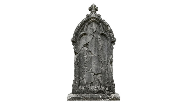 Cracked and weathered ancient stone grave marker with arched top isolated on transparent background png.