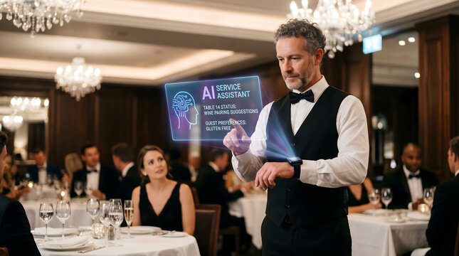 AI Waiter at Gala Dinner: A sophisticated waiter at a formal event interacts with a holographic AI interface displayed on his wrist.