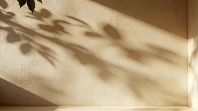 Sliding leaf shadows moving across textured wall, triggered by potted plant, sunbeam on ledge
