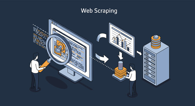 Technical web scraping and data mining concept showing automated software extracting information from a website to database.