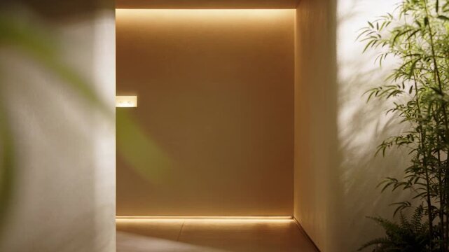 Camera nudging forward, framing recessed doorway with warm LED strips and bamboo, revealing handle