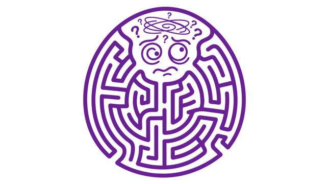 Confused face inside a purple maze, symbolizing confusion and difficult choices