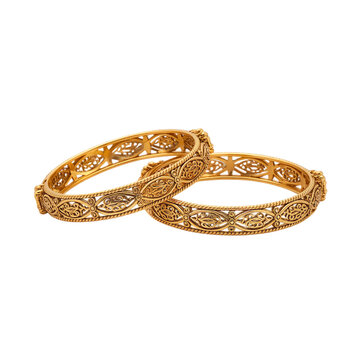 Pair of traditional Indian gold bangles with intricate filigree design isolated transparent