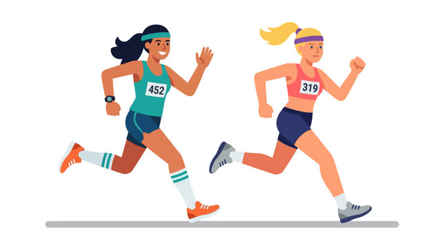 Two women runners competing in a race, athletic women running fast with bib numbers