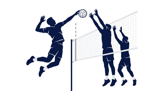 Volleyball action illustration: attacker spikes ball over net, defenders jump