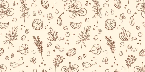 Seamless hand-drawn vector pattern for French bistro design with olives, herbs, garlic, lemons, capers and tomatoes, minimalist outline repeating background © Salnikova Studio