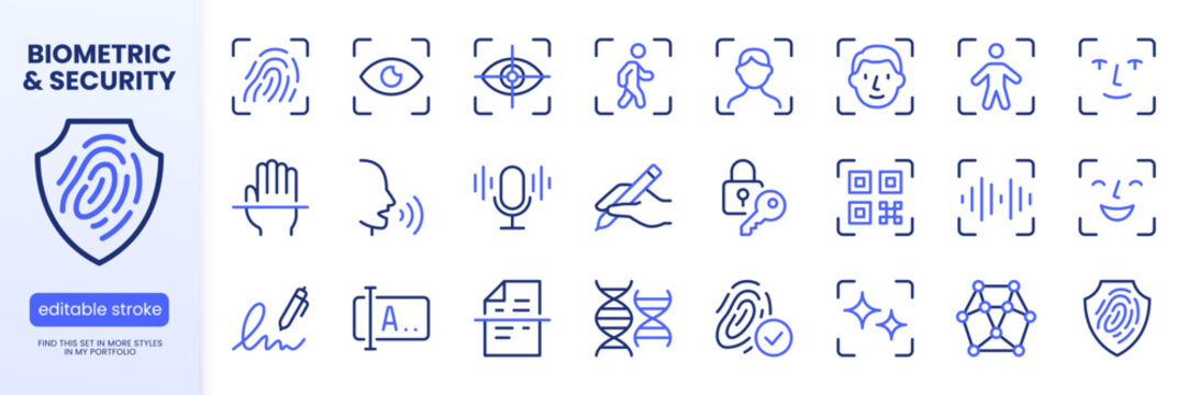 Biometric scan line icon set. Eye recognition, face detection mapping, fingerprint minimal vector illustrations. Outline pictograms for identity authentication. Blue duotone color. Editable Stroke.