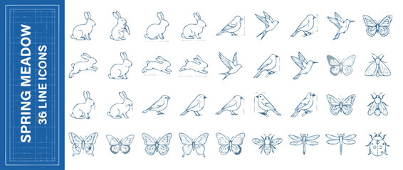 Obraz premium Delicate Collection of 36 Spring Meadow Wildlife Icons Including Rabbits, Birds, Butterflies, Insects, and Nature Elements in a Detailed Technical Line Art Vector Style for Eco Design.
