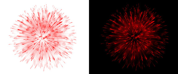 Red explosion burst effect on white and black background, abstract firework spark design, vibrant energy splash graphic for creative overlays © PNG Stock
