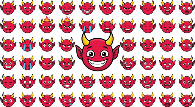 Vector cartoon illustration collection of red devil emoji faces showing diverse expressions including angry crying laughing sleeping shocked smiling horned emoticons set